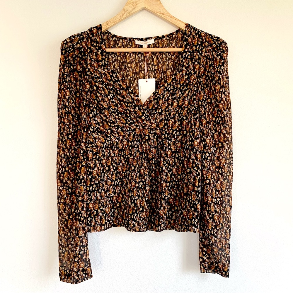 NWT Anthro Sheer Long Sleeve Brown Ditsy Floral Deep V Babydoll Fall Top Medium